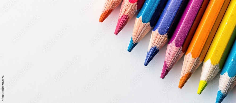 Poster colorful pencils on white backdrop with room for text ideal for educational themes or back to school