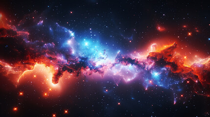 Naklejka premium Colorful Nebula & Galaxy Space Background; a dynamic and fiery nebula, with glowing golden and purple hues creating a sense of motion and turmoil amidst the stars 