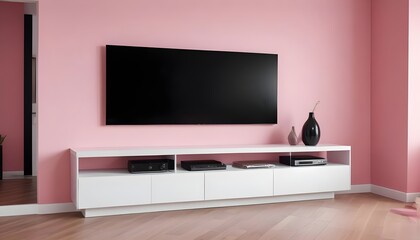 Color wall background with modern interior TV cabinet with decorative items house beautiful home interior design concept