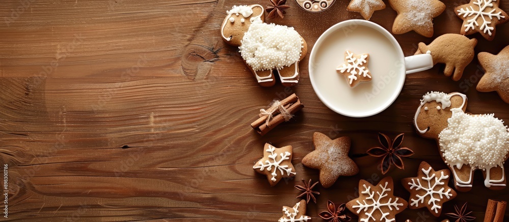 Aufkleber top view of christmas themed gingerbread sheep next to a cup of milk with ample copy space in the im
