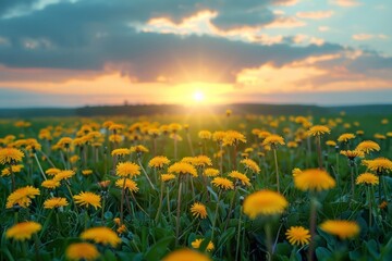 Fototapeta premium Field of yellow dandelions against the backdrop of dawn