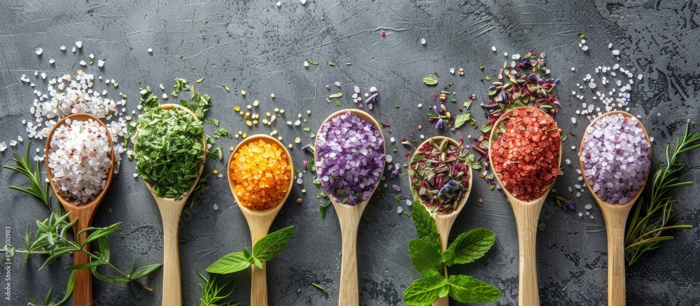 Poster top down frame with colorful spa salt filled spoons featuring herbs on a grey background allowing fo