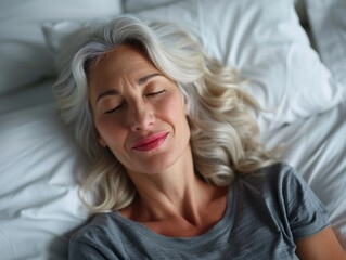 mature woman in t shirt sleeping in bed. ai generated