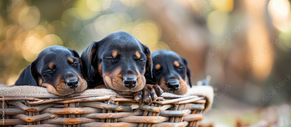 Poster Doberman puppies resting peacefully in a basket creating a charming scene with a copy space image