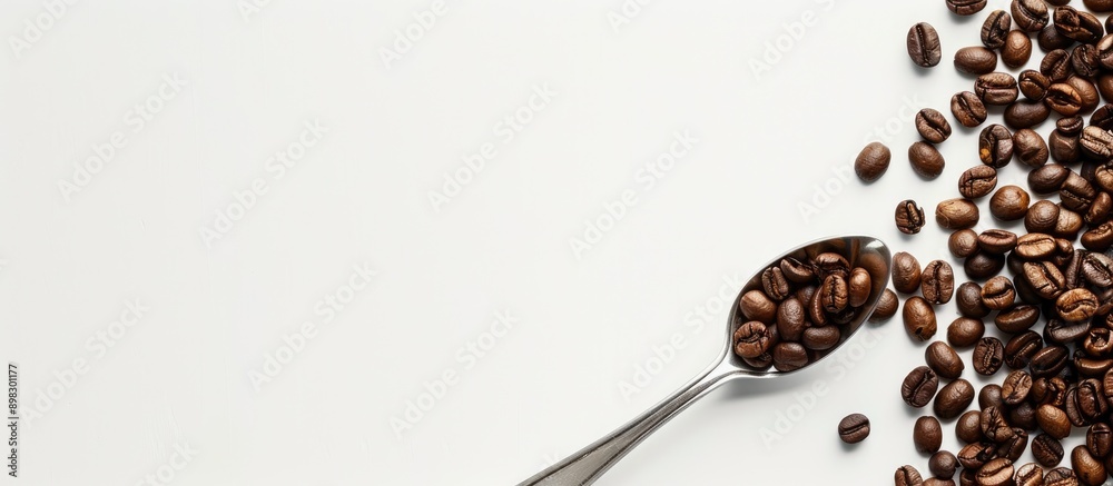 Fototapete Coffee beans and a spoon on a white table with a clear area for text or images at the bottom ideal for presentations or promotions. Creative banner. Copyspace image