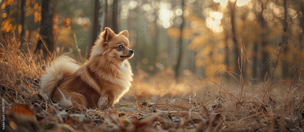 Poster adorable pomeranian dog captured in a portrait in an outdoor setting with copy space image available