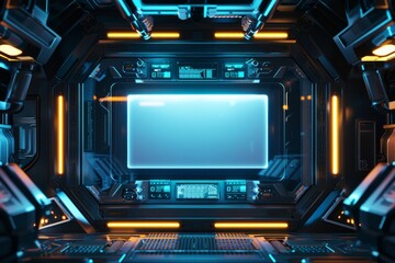 A frame of sleek metal and glowing LED lights, with a high-tech interface. The center is a blank, holographic screen.