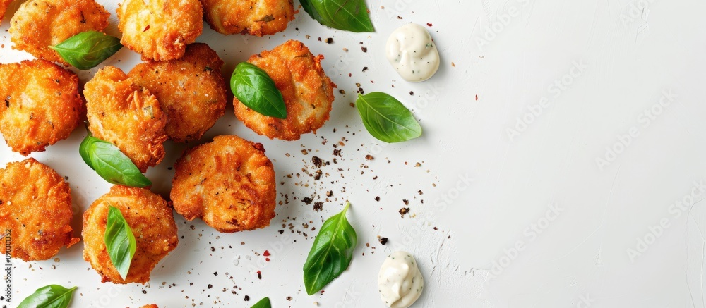 Poster chicken nuggets topped with creamy white sauce and fresh basil leaves arranged neatly against a whit