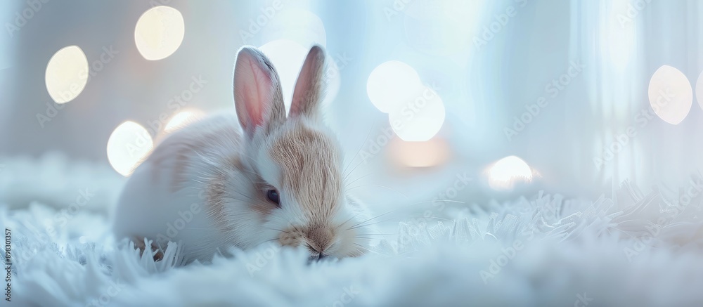 Poster adorable small bunny with fluffy fur in a copy space image