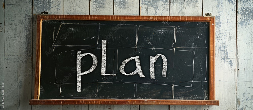 Poster Chalkboard with plan written on it displayed against a white backdrop in a stock photo with copy space image