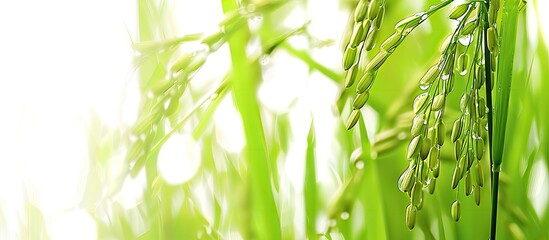 Close up of rice paddy on a white backdrop with copy space image