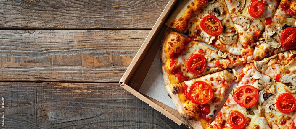 Poster chicken tomato pepper cheese and sauce pizza in a box viewed from above with a horizontal orientatio
