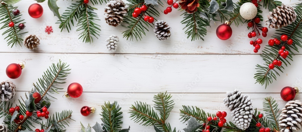 Poster Christmas decor arranged on a white wooden backdrop creating a festive flat lay scene with a copy space image for a New Year holiday frame