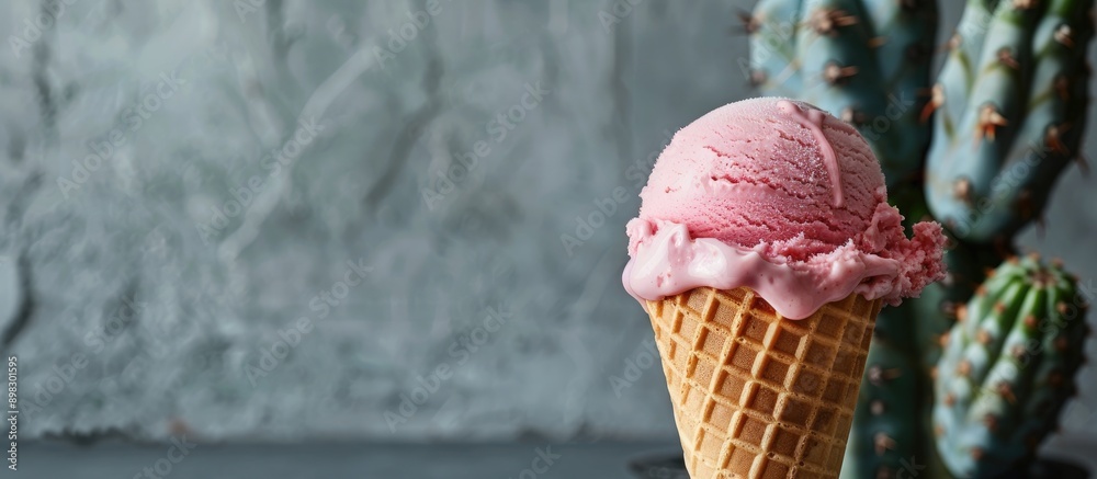 Aufkleber Creative concept photo featuring an ice cream cone and a cactus set against a gray backdrop with copy space image