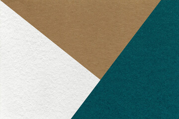 Fototapeta premium Texture craft white, brown and emerald paper background, macro. Vintage abstract teal and umber cardboard