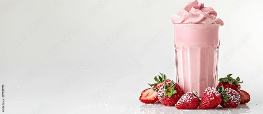 Poster a delicious pink beverage made from strawberries and milk displayed on a white backdrop providing a 