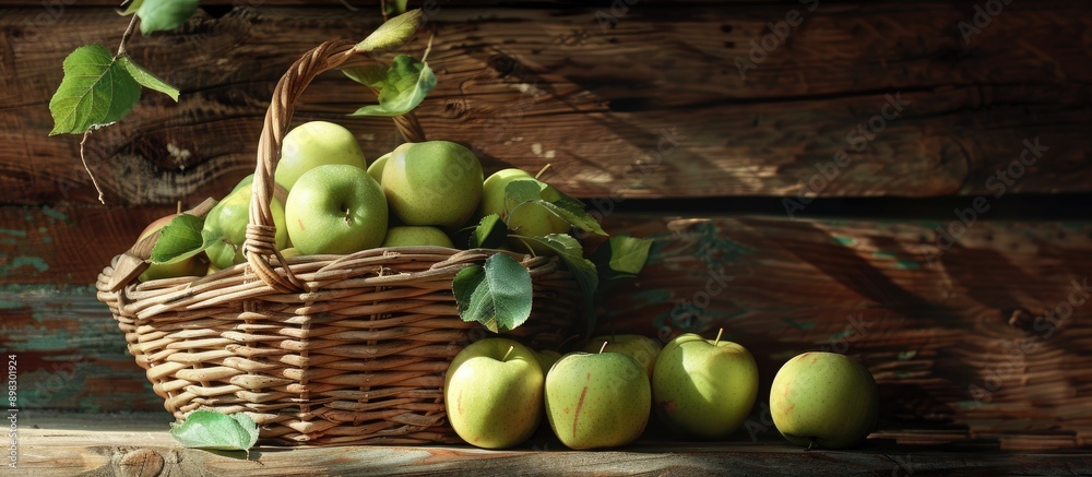 Poster a basket filled with fresh green apples from the garden is placed in front of a wooden wall providin