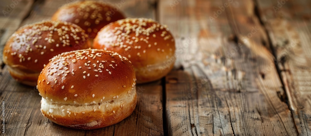 Poster Bun topped with sesame seeds against a rustic wooden backdrop ideal for a copy space image