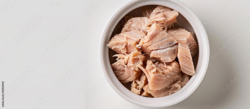 Poster Top view of canned tuna in a white bowl on a white background with soft lighting in a studio shot allowing for copy space in the image