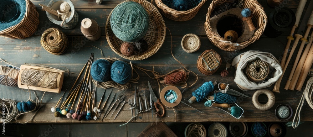Aufkleber A bird s eye view of a needlework setup including needles threads and baskets for organization perfect for hobbies like knitting and needlework with copy space image