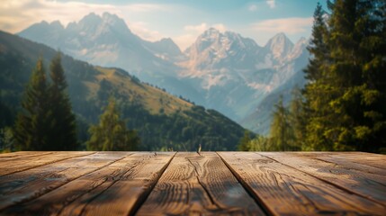 Empty wooden table top product display showcase stage. Blurred mountains in the background, with peaks reaching to the sky.	
