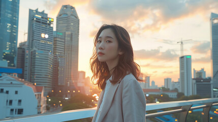 Adult Singaporean Woman Standing Against City Skyline