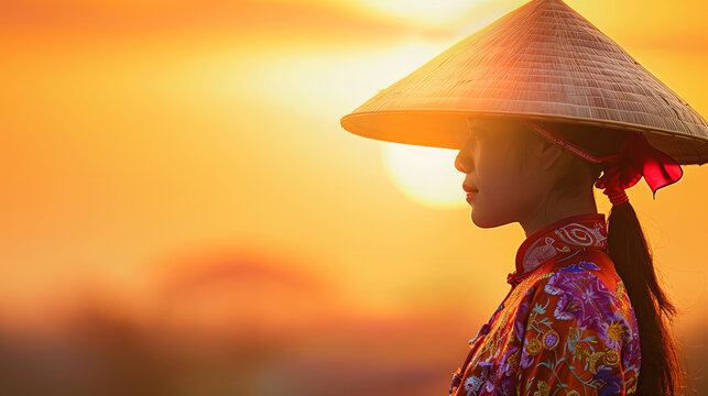 Side Profile of Vietnamese Woman in Conical Hat and Ao Dai Against Sunrise