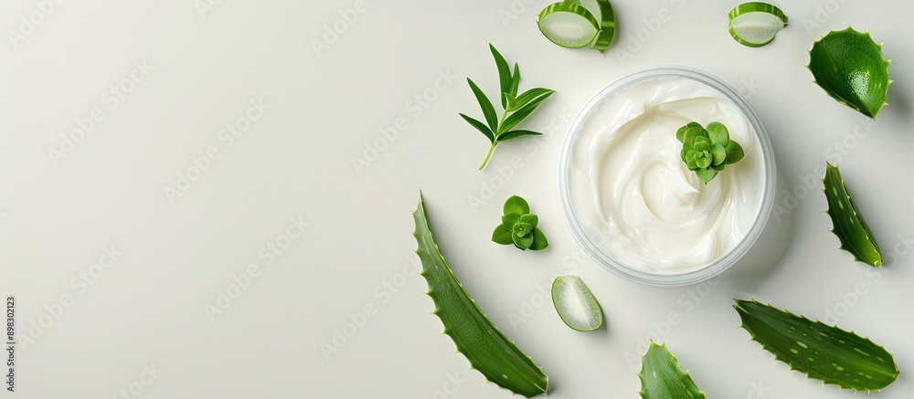 Aufkleber Top down view of organic cream with aloe set against a white backdrop in a copy space image