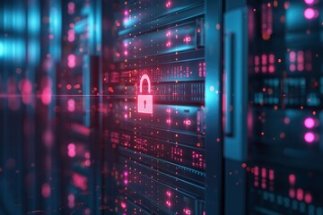 3D rendering of digital security with a padlock icon on a data center server rack in a dark room background. Close-up view of a big computer, cyber tech and technology background.