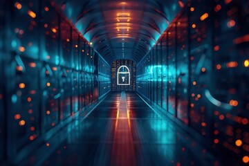 Obraz premium Cyber security 3D render of a digital padlock in the center of a long corridor with data storage cabinets on the sides, orange and blue lights, glowing elements, and a blurred background, in a futuris