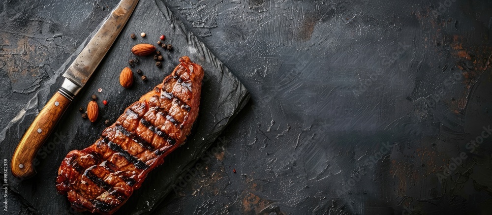 Poster Cowboy steak grilled to perfection on a knife over a stone backdrop ideal for adding text in the copy space image