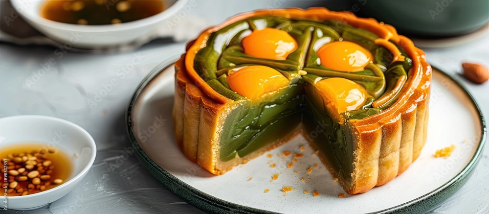 Poster classic moon cake with a filling of green beans and salted eggs shown in a copy space image
