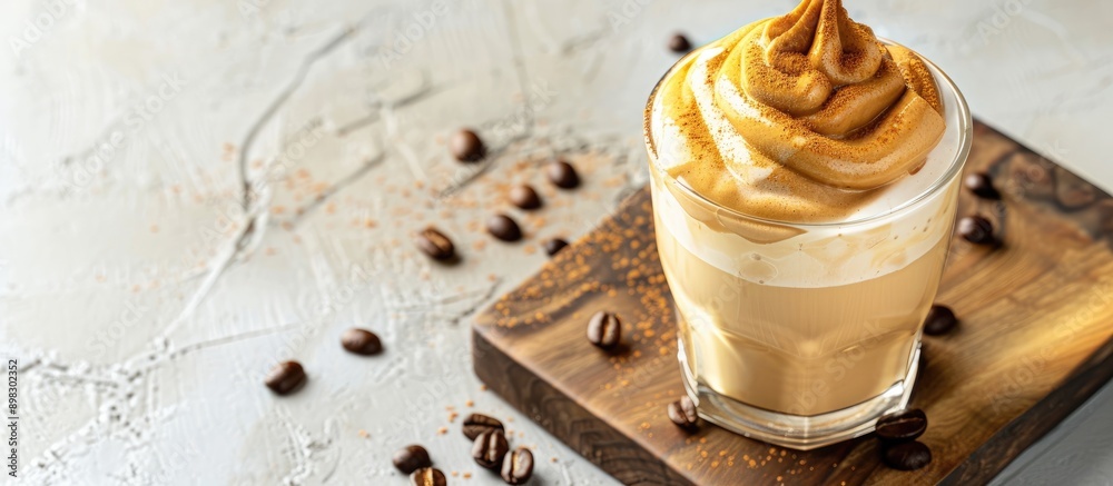 Aufkleber Close up of Dalgona coffee in a glass on a cutting board a trendy cold drink on a light background offering copy space image for text in a flat lay style