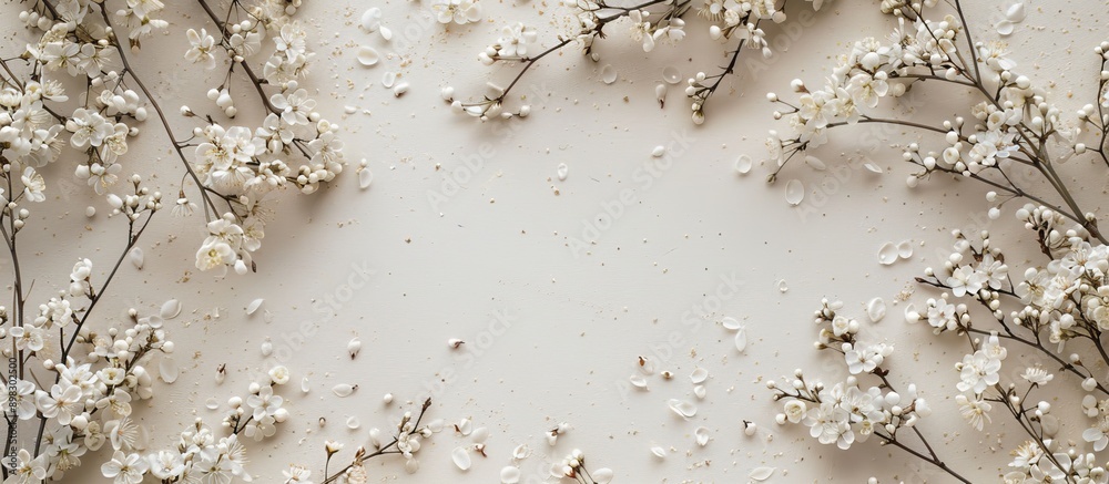 Poster beige backdrop showcasing blossoming branches with copy space image