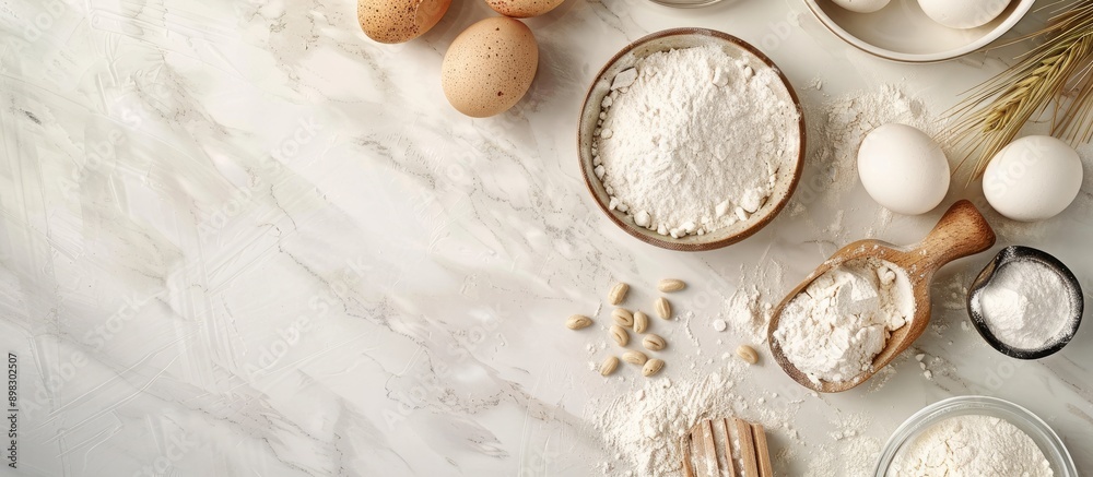 Aufkleber Bakery ingredients like flour eggs and milk displayed in a top view with ample copy space image