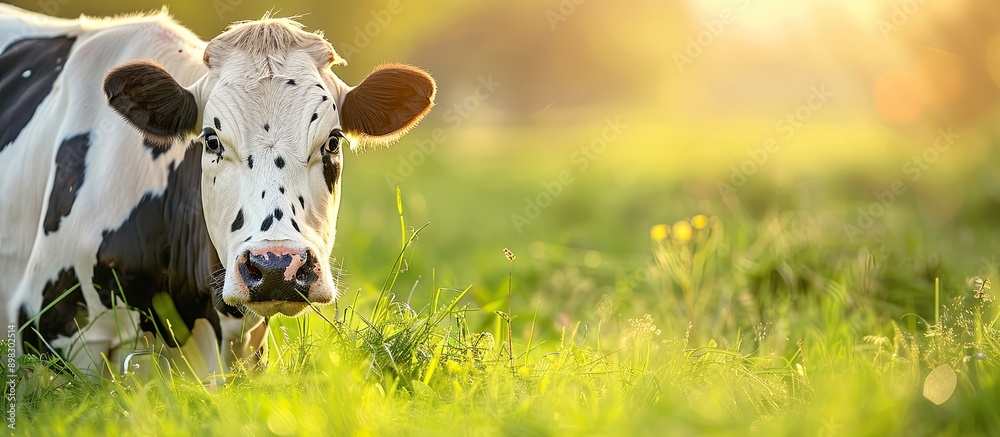 Aufkleber A cow in black and white spots peacefully nibbling on grass in a spacious meadow appearing directly at the viewer in a photo with copy space image