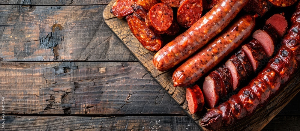 Poster an assortment of smoked sausage made from pork and beef lies as an appetizing snack on a rustic tabl