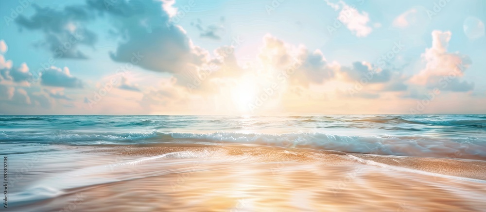 Poster blurred beach with sunlight and blue sky suitable as a copy space image for summer vacation and busi