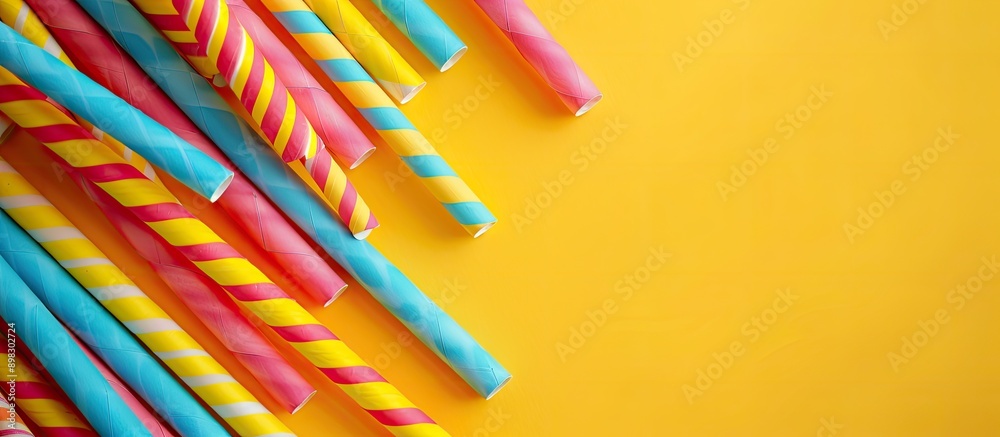 Poster a vibrant display of paper straws on a bright yellow backdrop with a space for text or design. creat
