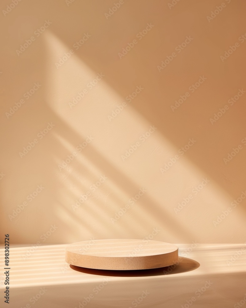 Aufkleber minimalist mockup with soft brown circular podium and terracotta background in diffused lighting