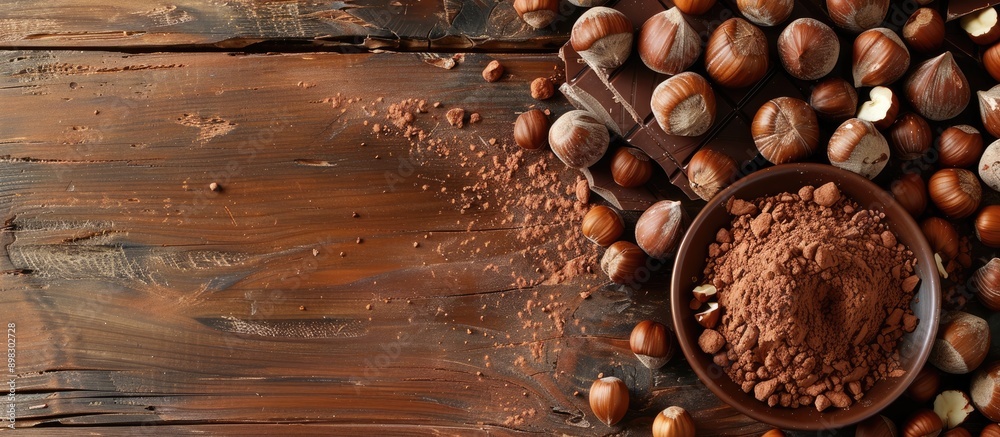 Aufkleber delicious milk chocolate topped with cocoa powder and hazelnuts on a wooden backdrop with copy space