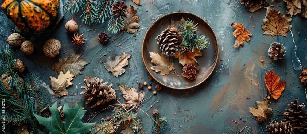 Leinwandbilder autumn themed arrangement with dried leaves and various decor elements on a table presented in a top