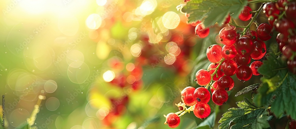 Poster Close up of ripe red currant berries on a bush with a copy space image