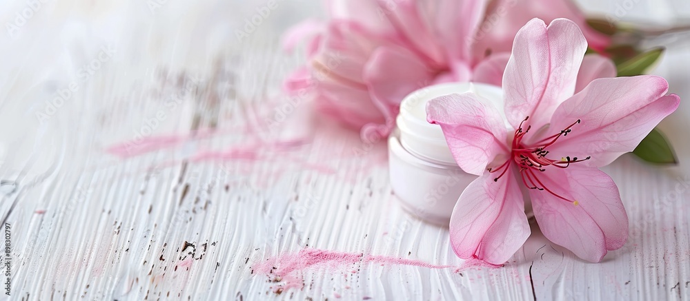 Poster a cosmetic cream displayed on a white wood table with a delicate pink flower and ample copy space im