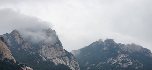 fog in rainy weather on the Bukhansan Mountain in Seoul. nature at Bukhansan National Park South...