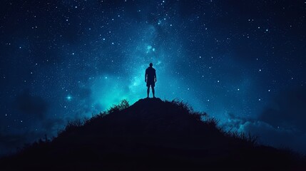 Fototapeta premium A man's silhouette atop a hill under star-filled, Milky Way night sky