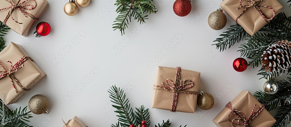 Poster View from above of decorative Christmas gift boxes and balls on a white surface with copy space image
