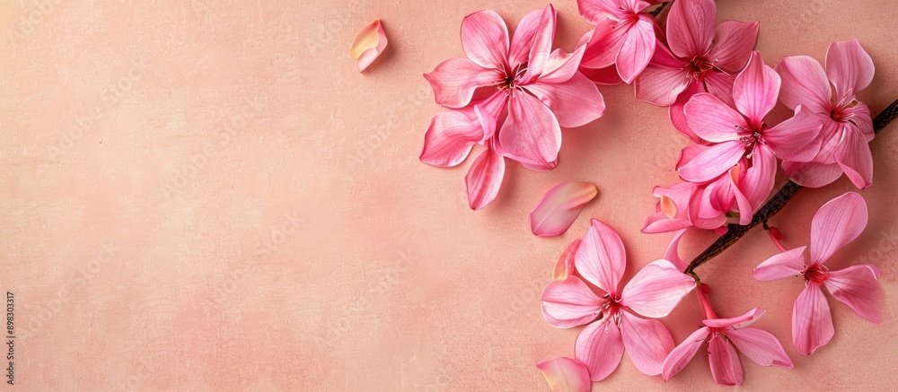 Leinwandbilder top view photo of a composition of pink flowers on a simple background with ample copy space image