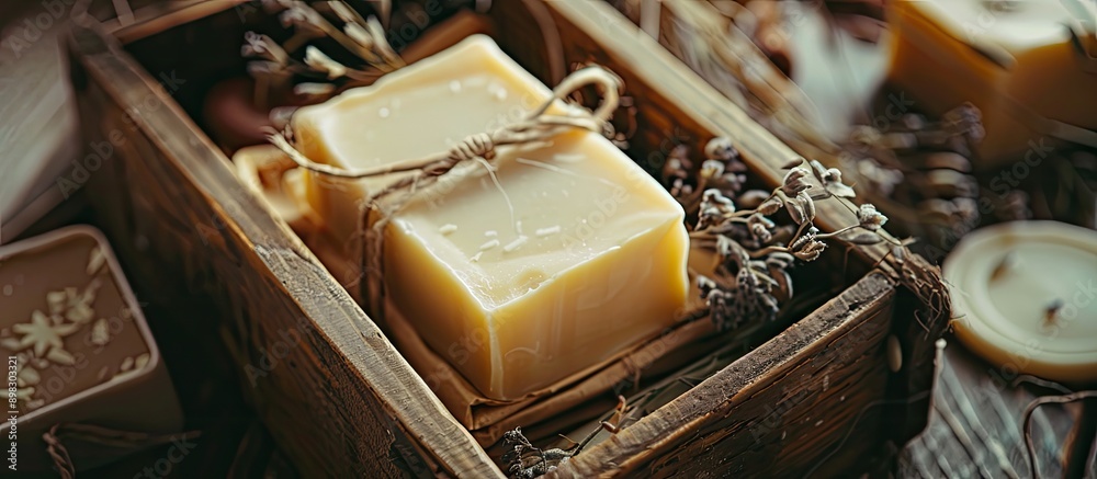 Poster artisan soap displayed in a vintage box with copy space image