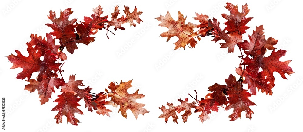 Poster an autumn themed oval frame composed of bright red oak leaves placed flat on a white background serv